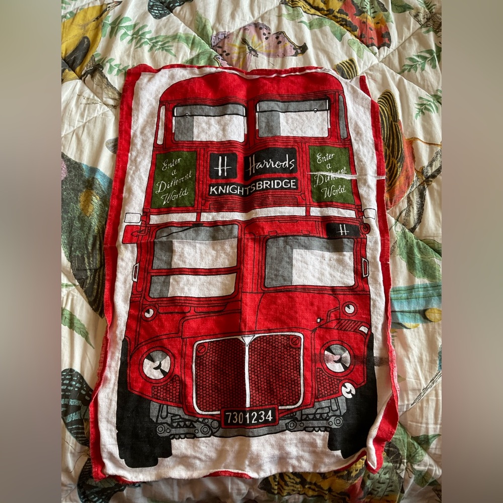 Vintage Harrods red bus tea towel
